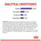 Image of a pet food product label detailing analytical constituents: Protein 34.0%, Fat content 12.0%, Crude ash 8.0%, Crude fibres 9.2%.