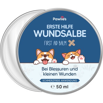 Pawlie's Erste-Hilfe-Balsam für Hunde in einer 50 ml Dose mit Cartoon-Hunden und Text: "WUNDsalbe", "First Aid Balm" und "Bei Blessuren."