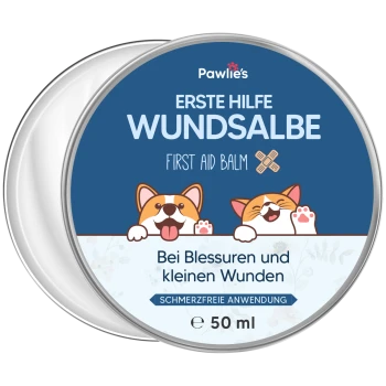Pawlie's Erste-Hilfe-Balsam für Hunde in einer 50 ml Dose mit Cartoon-Hunden und Text: "WUNDsalbe", "First Aid Balm" und "Bei Blessuren."