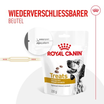 Verpackung mit Royal Canin Hundeleckerlis, 230g, mit einem Hundebild, "Kompatibel mit Urinary S/O Diäten," und "Einfaches Öffnen Zip-System."
