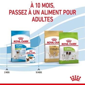 Image de nourriture pour animaux Royal Canin pour Chihuahuas : "Puppy" pour 2-10 mois et "Adult" pour plus de 10 mois.
