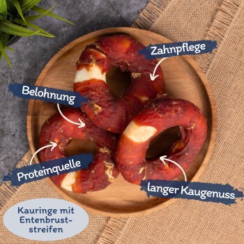 Mit Entenfleisch umwickelte Kauringe; deutsche Etiketten: 'Belohnung', 'Proteinquelle', 'Zahnpflege'; Produktname 'Kauringe mit Entenbruststreifen'.