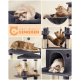 Collage von verspielten Katzen auf einem mehrstöckigen Katzenbaum mit Schlafplätzen, einer Hängematte und einem Kratzbaum. Text: 'Jeden Moment GENIEßEN.'