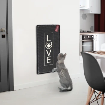 Eine graue Katze steht auf ihren Hinterbeinen und greift nach einem wandmontierten Kratzbrett, das das Wort "LIEBE" in fetten Buchstaben zeigt.