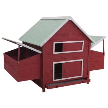 Rotes Holzhaustierhaus mit grünem Dach, das zwei Fächer, offene Türen und eine herausziehbare Schublade für einfache Reinigung bietet.