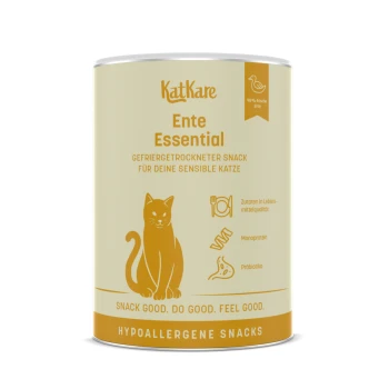 KatKare Ente Essential Dose mit orangefarbener Katzen-Grafik; sichtbarer Text: 'Ente Essential' und 'Hypoallergene Snacks'.