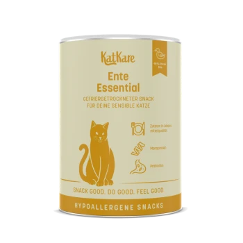 KatKare Ente Essential Dose mit orangefarbener Katzen-Grafik; sichtbarer Text: 'Ente Essential' und 'Hypoallergene Snacks'.