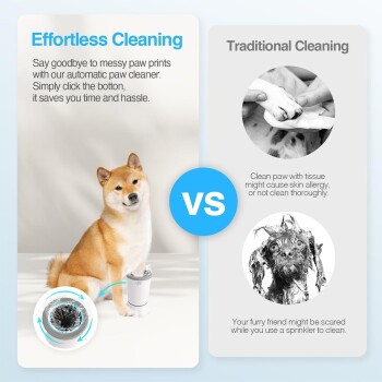 Shiba Inu neben automatischem Pfotenreiniger mit Überschrift 'Mühelose Reinigung' und Feld 'Traditionelle Reinigung', blaues 'VS'-Abzeichen.
