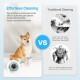 Shiba Inu neben automatischem Pfotenreiniger mit Überschrift 'Mühelose Reinigung' und Feld 'Traditionelle Reinigung', blaues 'VS'-Abzeichen.