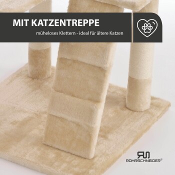 Katzenbaum mit einer weichen, beigen Rampe für einfaches Klettern, beschriftet mit "MIT KATZENTREPPE" und "müheloses Klettern - ideal für ältere Katzen."