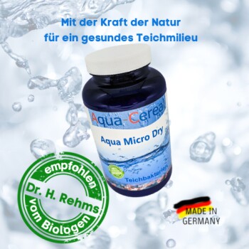 Aqua Cereal Aqua Micro Dry Flasche auf einem Wasserhintergrund, mit Text über die Gesundheit natürlicher Teiche und "MADE IN GERMANY."