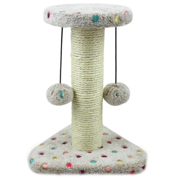 - Kratzbaum mit Punkten - Katzenbaum Katzenkratzbaum mit einem plüschigen Oberteil, zwei hängenden Pompons und einer gepunkteten Basis in sanften Farben.