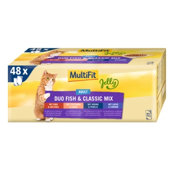 Pack of 48 MultiFit Jelly cat food pouches with a playful orange cat, labeled "Duo Fish & Classic Mix" featuring beef, poultry, herring, and sardine.