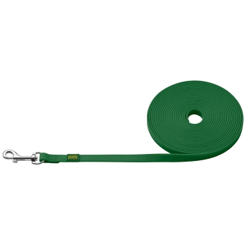Grüne Hundeleine, ordentlich mit einem Metallclip an einem Ende gewickelt, mit einem kleinen gelben und schwarzen "HUNTER"-Logo.