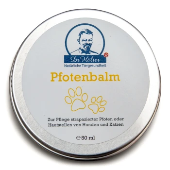 Dose 'Pfotenbalsam' für Hunde und Katzen, 50 ml, mit einem Logo von Dr. Höltner und Text auf Deutsch über die Anwendung zur Pflegen.