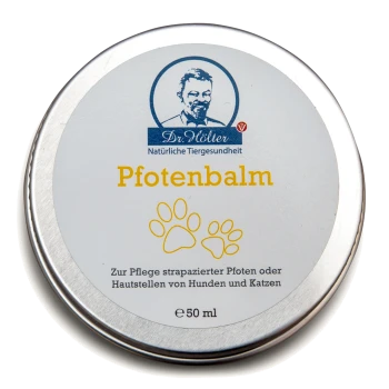 Dose 'Pfotenbalsam' für Hunde und Katzen, 50 ml, mit einem Logo von Dr. Höltner und Text auf Deutsch über die Anwendung zur Pflegen.