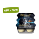 Moments Diamond cat jelly cups pack, tuna, with long-haired black-gray cat, green 'NEU - NEW' tag and 'No added sugar' label.