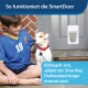 Ein Kind in einem blauen Trikot sitzt auf einer Veranda mit einem kleinen weißen Hund im roten Halsband. Eine SmartDoor ist hinter ihnen sichtbar.