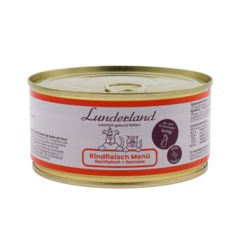 Eine Dose Hundefutter mit dem Etikett "Boos Rindfleisch Menü" mit einem goldenen Deckel und weißem Etikett, gekennzeichnet als Ergänzungsfutter für Hunde.
