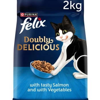 A 2kg bag of Purina Felix cat food with a playful black and white cat and a bowl of kibble, labeled "Doubly Delicious" with salmon and veggies.