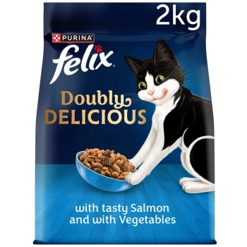 A 2kg bag of Purina Felix cat food with a playful black and white cat and a bowl of kibble, labeled "Doubly Delicious" with salmon and veggies.