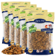 Fünf Beutel Lyra Pet Nature Power getrocknete Mehlwürmer mit einem Haufen Mehlwürmer davor, gekennzeichnet mit 100 % natürlich und hohem Proteingehalt.