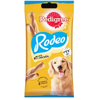 Pedigree Rodeo Hundeleckerlipaket mit einem hellgelben Hintergrund, das Hühnergeschmack-Sticks zeigt, mit den Texten 'x7' und '25% Fett.'