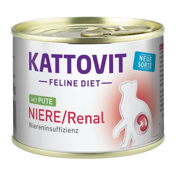 Kattovit Feline Diet nat kattenvoer met kalkoen, gelabeld voor nierondersteuning, met een katten silhouet en de tekst 'Nieuwe Sorte'.