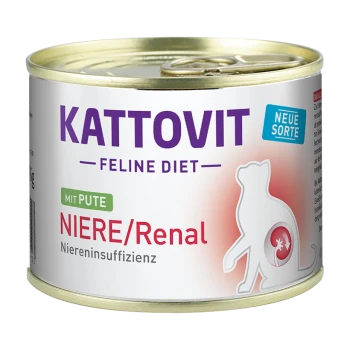 Kattovit Feline Diet Dosenkatzenfutter mit Truthahn, gekennzeichnet für Nierenunterstützung, mit einer Katzensilhouette und dem Text "Neue Sorte."