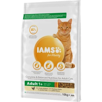 IAMS for Vitality kattenvoer zak met een oranje tabby kat, met de tekst 'Complete & Balanced Nutrition for Adult Cats' en 'Met verse kip.'