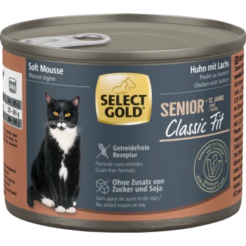 Select Gold Senior Classic Fit weiche Mousse Katzenfutterdose mit schwarz-weißem Kater, Huhn mit Lachs, getreidefrei, ohne Zuckerzusatz oder Soja.