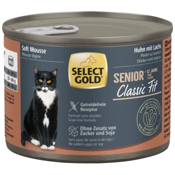 Select Gold Senior Classic Fit weiche Mousse Katzenfutterdose mit schwarz-weißem Kater, Huhn mit Lachs, getreidefrei, ohne Zuckerzusatz oder Soja.