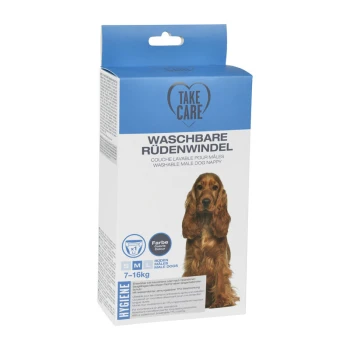 Emballage pour une couche pour chien mâle lavable, avec un design bleu et blanc et un texte en allemand et en français, adapté aux chiens pesant entre 7 et 16 kg.