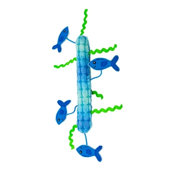 Buntes Plüsch-Hundespielzeug mit einem blauen und grünen Fischdesign und vier kleinen blauen Fischen, die an einem zentralen strukturierten Körper befestigt sind.