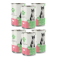 Sechs Dosen "Fellcita" Katzenfutter mit einem schwarz-weißen Katzendesign, pinker und grüner Verpackung, die auf Hühnergeschmack und Nährstoffe hinweist.