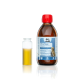 Flasche mit Ohrpflege-Lösung für Hunde und Katzen, beschriftet mit 'Ohrpflege', neben einer kleineren Flasche mit Flüssigkeit.