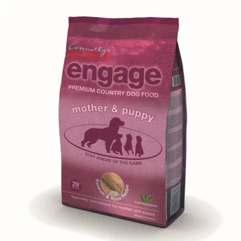 Engage Mother & Puppy 3 kg Connolly's Red Mills Engage Premium Country Dog Food bag for mother and puppy, salmon and rice recipe, on a pink background with dog illustrations.