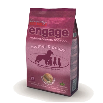 Connolly's Red Mills Engage Premium Country Dog Food bag for mother and puppy, salmon and rice recipe, on a pink background with dog illustrations.