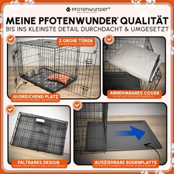 Schwarzer Metall-Haustierkäfig mit Kunststoffwanne und Maßband auf Gras, zeigt Maße von etwa 90 cm.