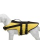 Eine gelb-schwarze Hundeschwimmweste wird auf einem weißen Mannequin-Hund präsentiert, mit verstellbaren Riemen und einem Griff oben.