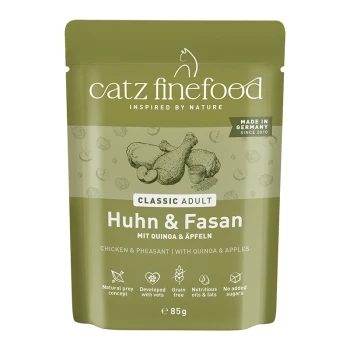 Catz Finefood groen zakje: Classic Adult Huhn & Fasan (kip & fazant) met quinoa en appels, 85 g, Gemaakt in Duitsland