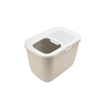Beige Kunststoff-Haustierstreu-Box mit weißem belüftetem Deckel und großer Einstiegöffnung.