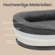 Grau-rundes Haustierbett im Querschnitt; sichtbarer Text: Hochwertige Materialien, Weicher Flanell, Wasserdichte Schicht