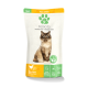 Katzenfutterverpackung mit einer flauschigen Katze, beschriftet "Fellicita" mit "Huhn & Käse", die ernährungsphysiologische Vorteile hervorhebt.