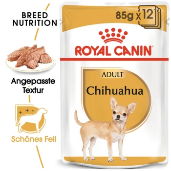 Chihuahua Adult Mousse 12x85 g Verpackung von Royal Canin Adult Chihuahua Hundefutter, mit einer Chihuahua-Illustration, mit Text, der die Rassenernährung und Textur hervorhebt.
