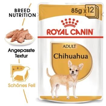 Verpackung von Royal Canin Adult Chihuahua Hundefutter, mit einer Chihuahua-Illustration, mit Text, der die Rassenernährung und Textur hervorhebt.