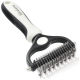 Ein Haustierpflegewerkzeug mit einem schwarz-weißen ergonomischen Griff und Metallzähnen zum Enthaaren, entworfen für eine einfache Anwendung.
