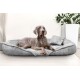 Ein grauer Weimaraner-Hund liegt auf einem plüschigen grauen Haustierbett mit einem kleinen Kissen, vor einer hellen Wand und einer Topfpflanze.