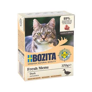 Bozita Fresh Menu Enten-Katzenfutter 370g, 89% tierische Zutaten, getreidefrei, ohne Zucker oder Farbstoffe, hergestellt in Schweden.