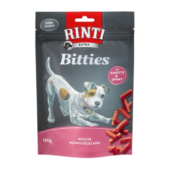Bitties 12x100g Huhn mit Karotten und Spinat Verpackung von Rinti Bitties Hundeleckerlis mit einer verspielten Hundillustration, mit dem Text "Weiche Huhnstückchen" und "mit Karotte & Spinat."